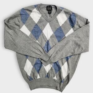 Jos. A. Bank Sweater Mens L Signature Collection Blue Gray Argyle Stretch Preppy
